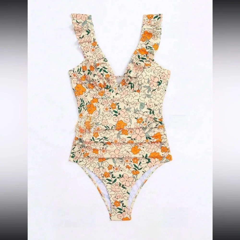 New to Posh C ✨| Floral Print Ruffle Trim One Piece Swimsuit - Picture 3 of 7